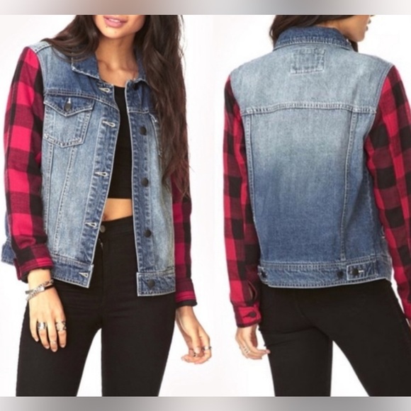 ❣️FOREVER 21 DENIM jacket Red and blk Plaid sleeves snap front closure SZ:XS EUC - Picture 1 of 12
